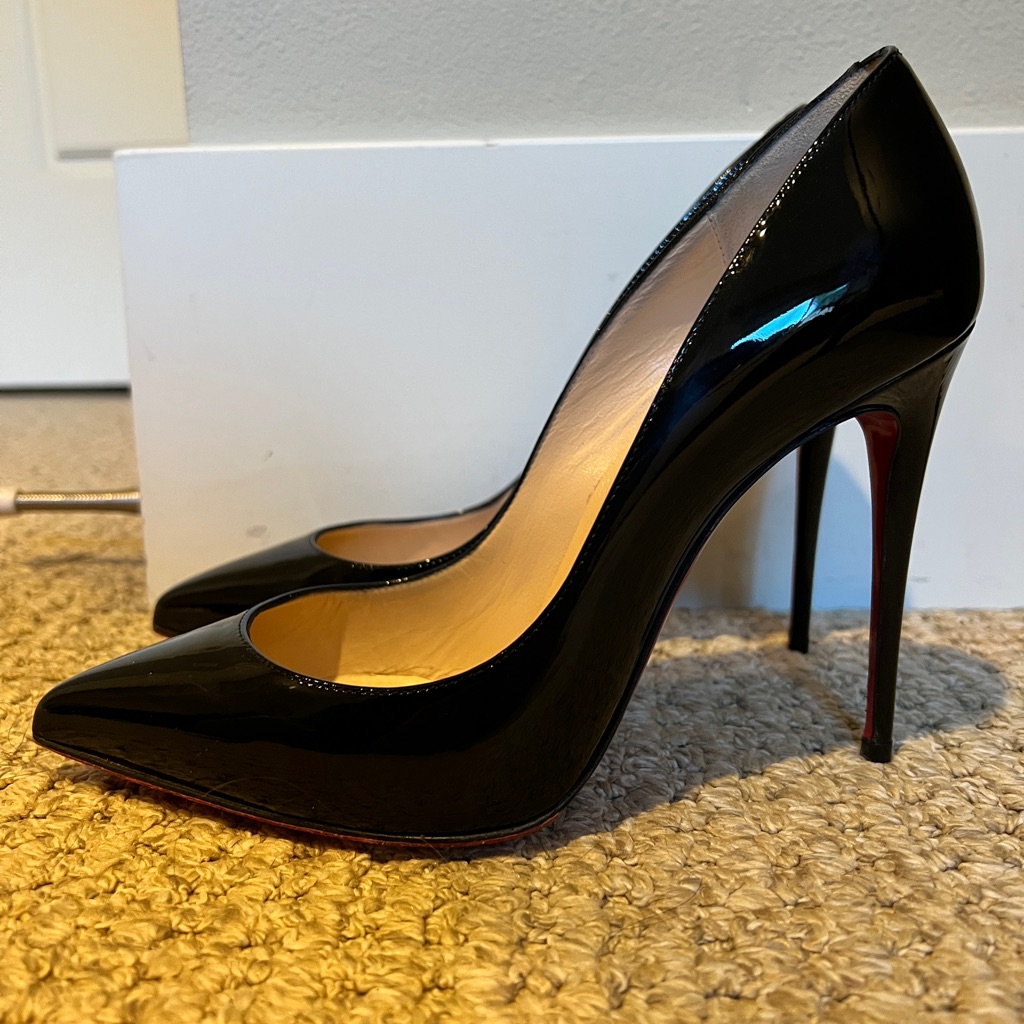 Louboutins Pigalle Follies 100mm Heel, Black Patent Size 37